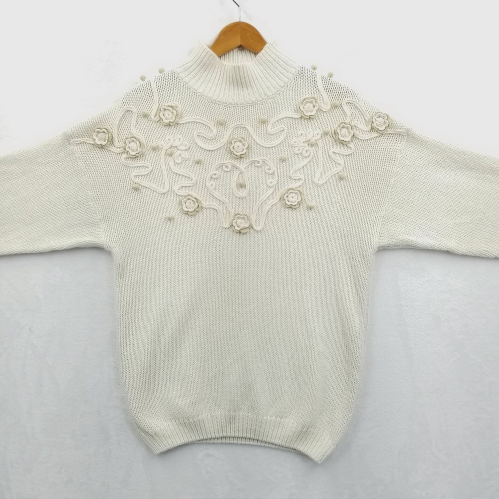 Vintage Sweater Women L Ivory Embroidered Floral Mock Neck Cottage 80's Relaxed